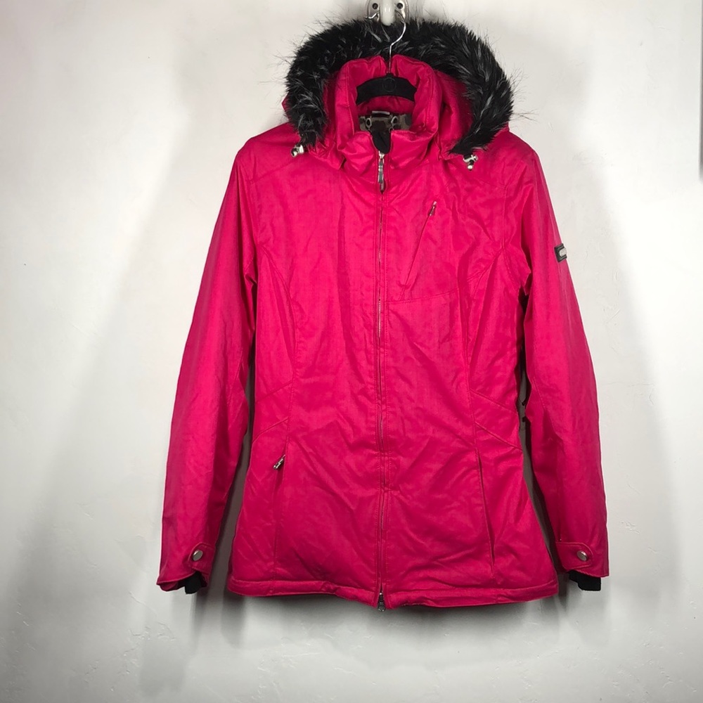 Women's Pink Hooded Winter Jacket with Faux Fur Trim